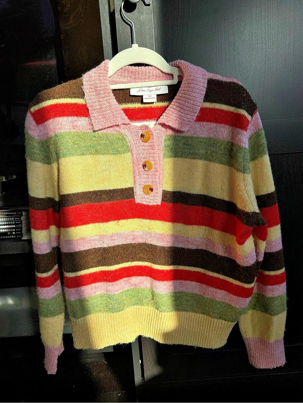 Lisa Says Gah Alaia Polo Sweater in Pink & Green